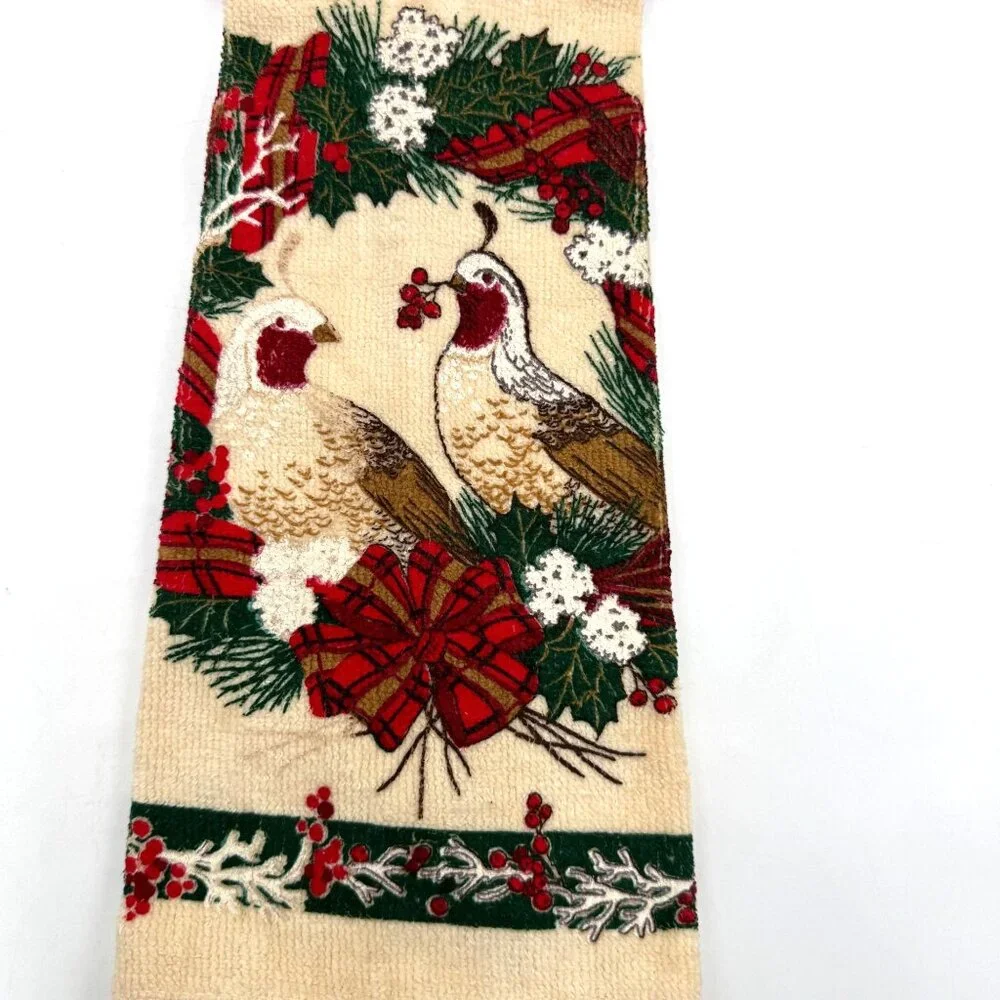 Vtg Cecil Saydah Christmas Partridge Kitchen Towels W/ Red Plaid Trim Set Of 2 - Picture 7 of 12
